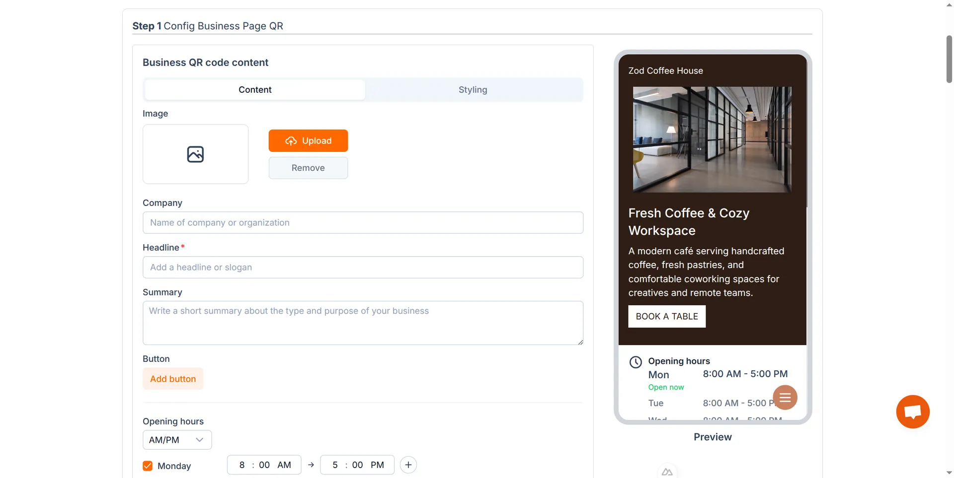 Business Page QR code generator
