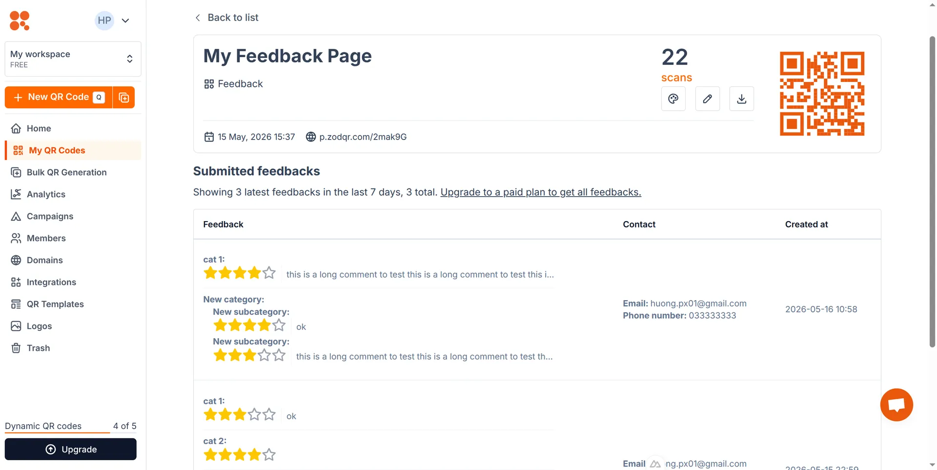 View feedbacks from dashboard