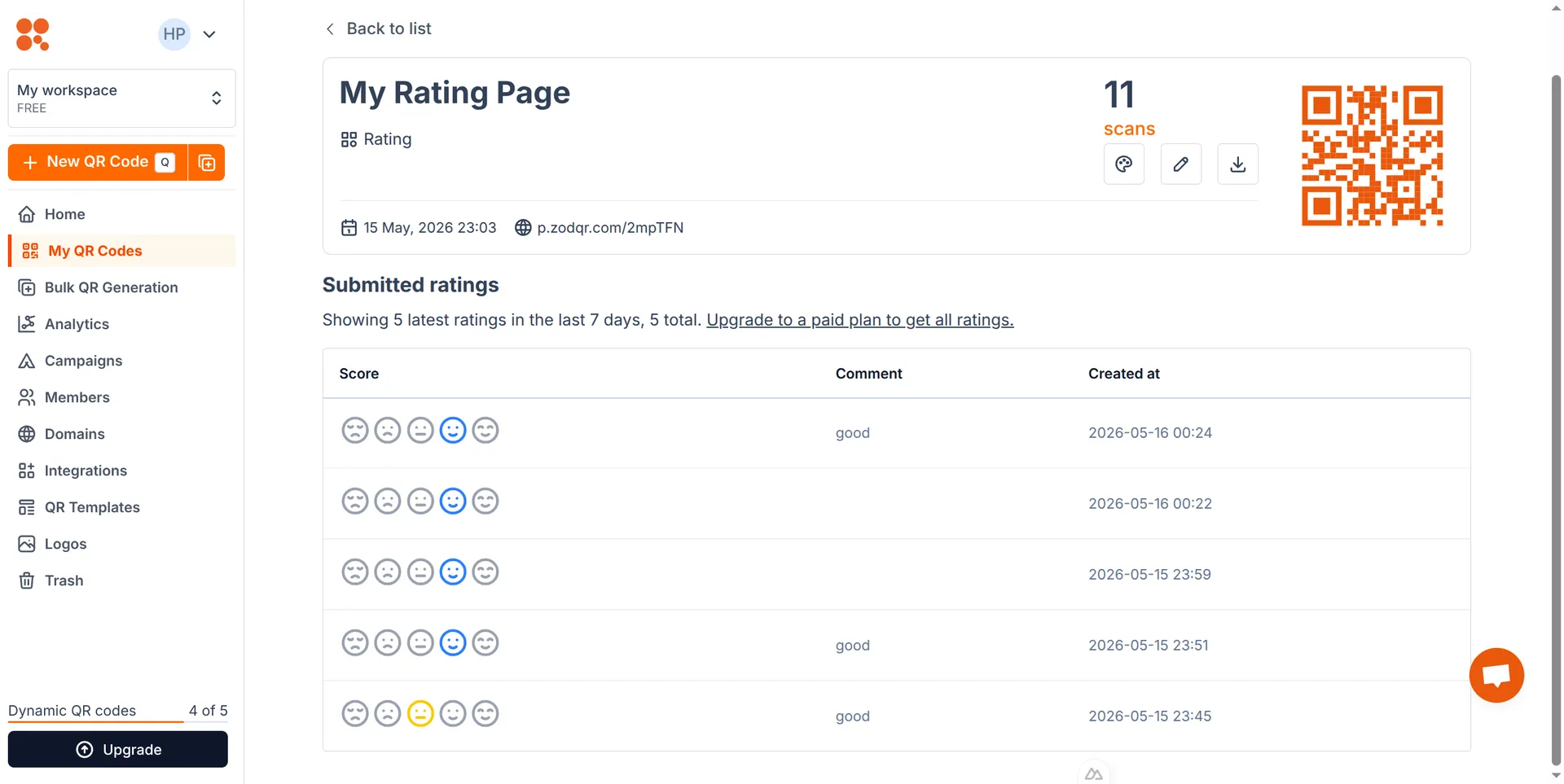View ratings from dashboard