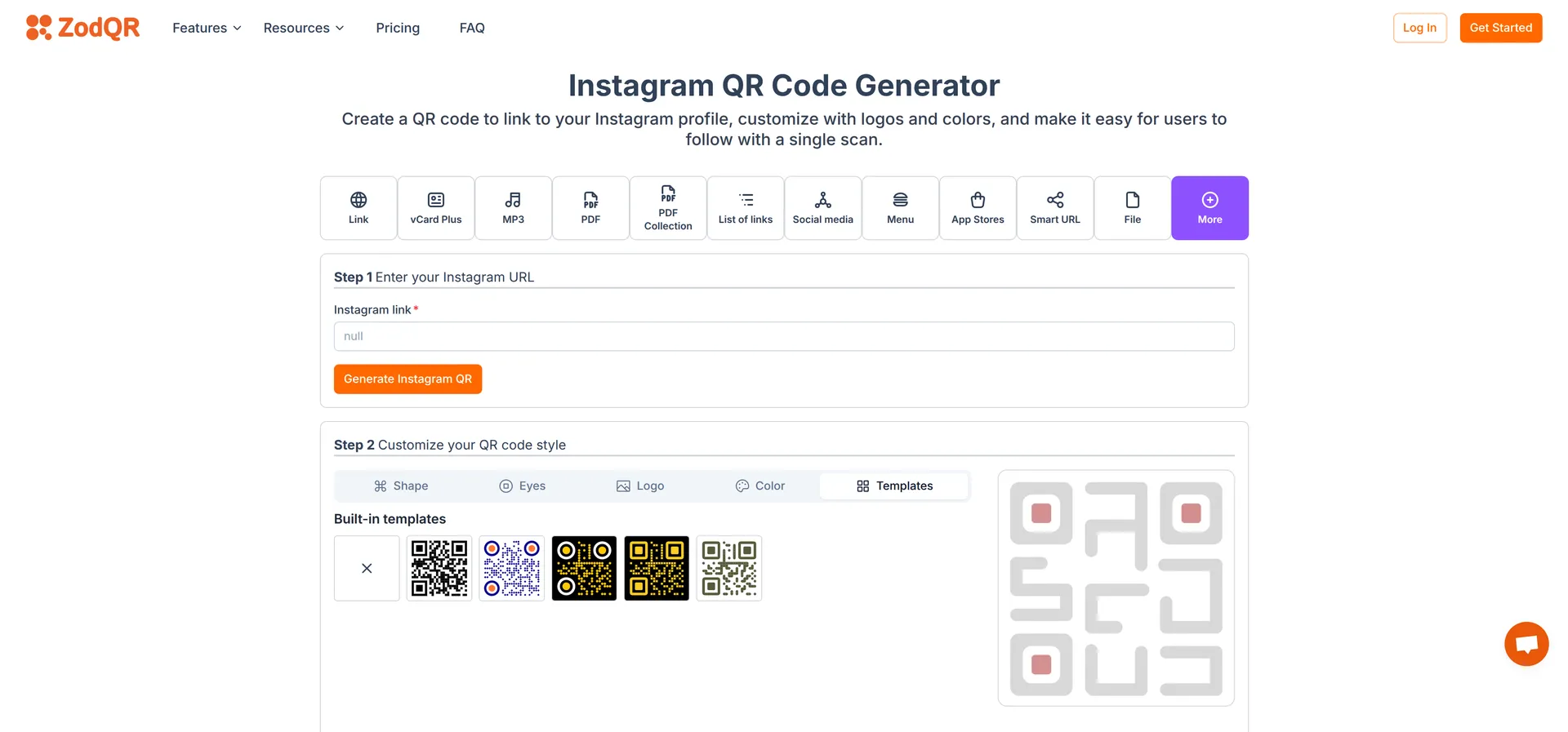 ZodQR generate Instagram QR code