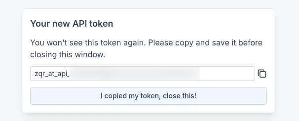 API token generated