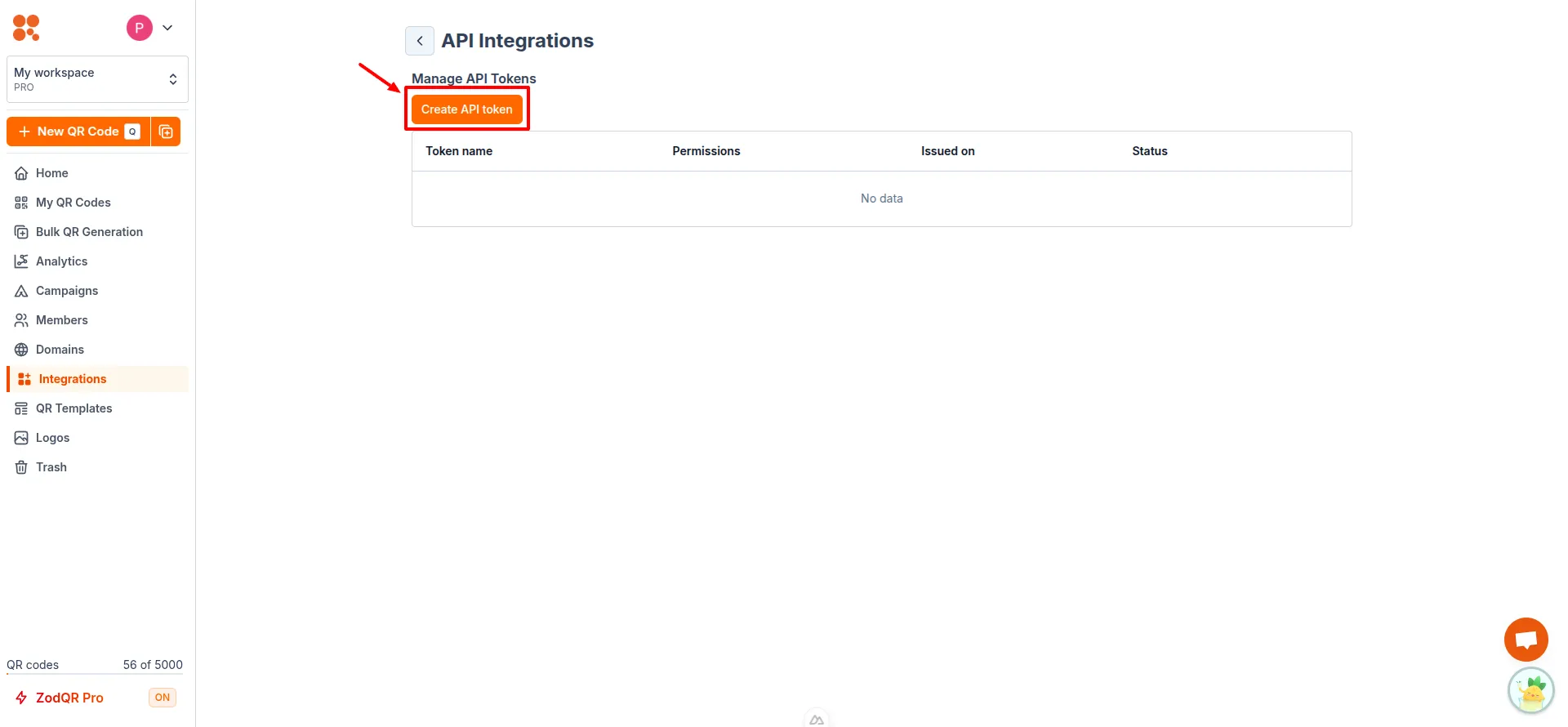 Click Create API token button