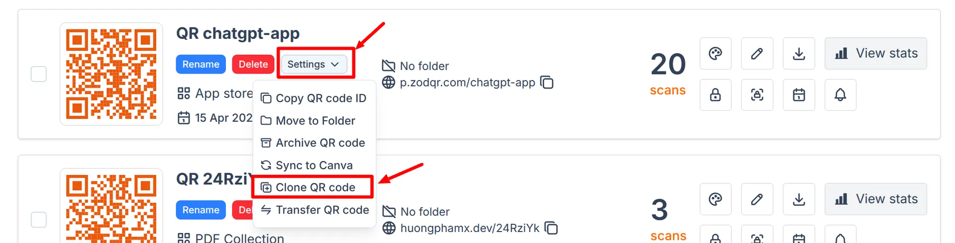 Click Clone QR code button