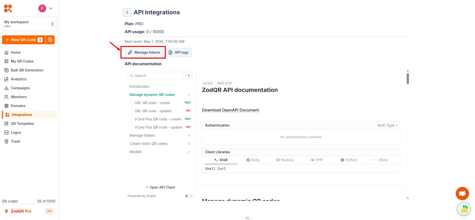 Click Manage token button